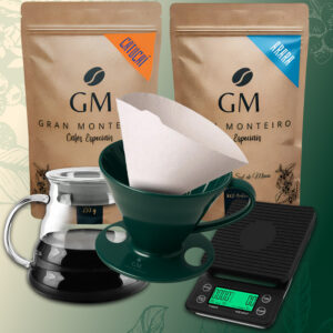 Kit V60 - 2 Especiais 250g + 40 filtros de papel 02 Jarra com tampa 600ml + Balança digital